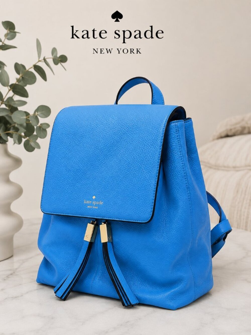 Kate Spade New York Blue Pebbled Leather Tassel Drawstring Backpack WKRU5521